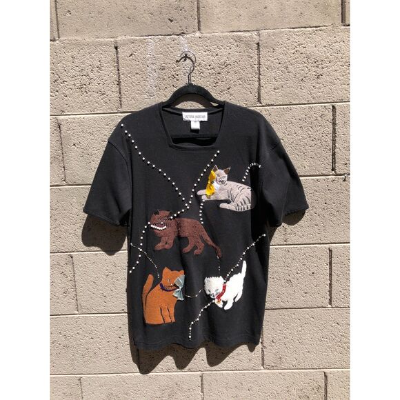 Victoria Harbour Tops - Vtg90s Victoria Harbour Cat Shirt Black Embroidered Beaded Applique Cottage Sz M